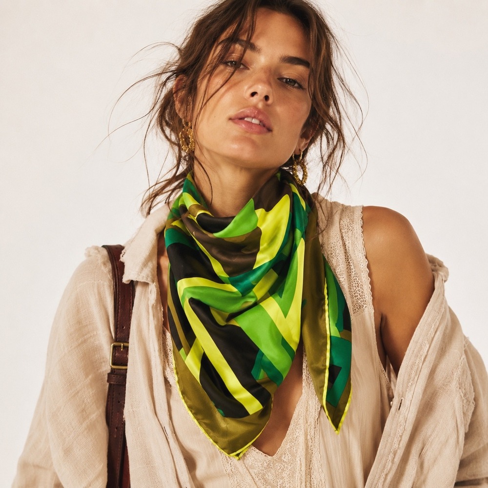 Vintage Mid Century‎ Mod Abstract Geometric Scarf Womens Green Boho Chic Japan